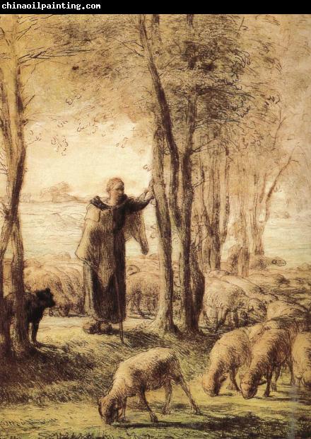 Jean Francois Millet Shepherdess with dog and sheep