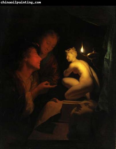 Godfried Schalcken Godfried Schalcken, Two men examining a painting by candlelight