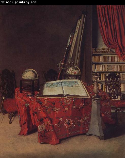 Jan van der Heyden Globe still life of books and other