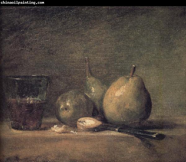 Jean Baptiste Simeon Chardin Sheng three pears walnut wine glass and a knife