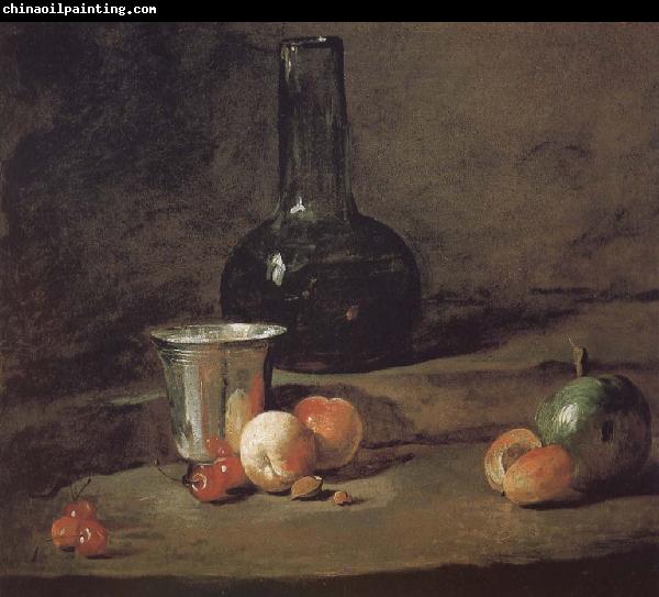 Jean Baptiste Simeon Chardin Wine glass bottles fitted five silver Cherry wine a two peach apricot, and a green apple