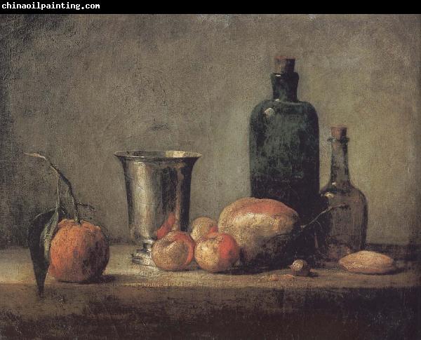 Jean Baptiste Simeon Chardin Orange silver apple pears and two glasses of wine bottles