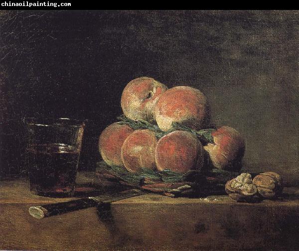 Jean Baptiste Simeon Chardin Baskets of peaches with wine walnut knife