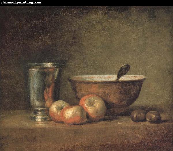 Jean Baptiste Simeon Chardin Three apple two millet bowls and silver wine class