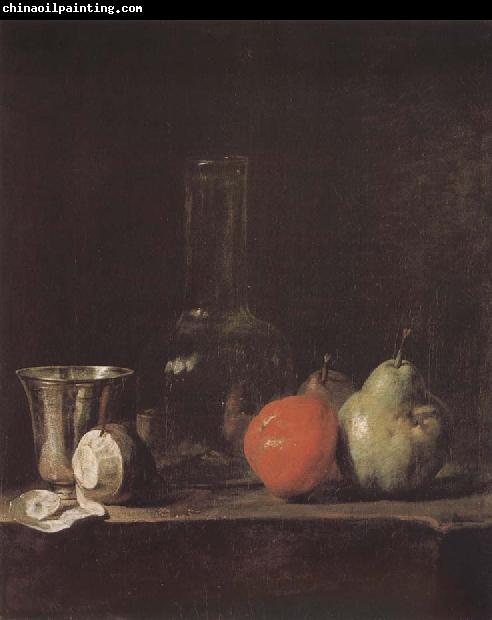 Jean Baptiste Simeon Chardin Silver wine bottle lemon apple pear