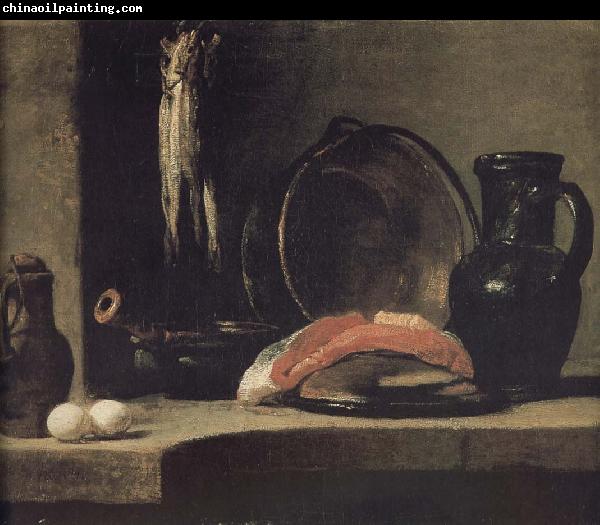 Jean Baptiste Simeon Chardin Watering can two egg earthenware cooking pot three yellow eye monkshood fish copper clepsydra fish fillet and jar