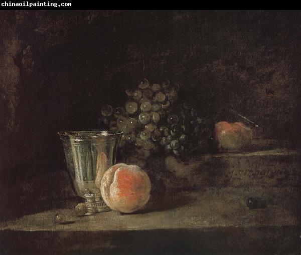 Jean Baptiste Simeon Chardin Silver peach red wine grapes and apple