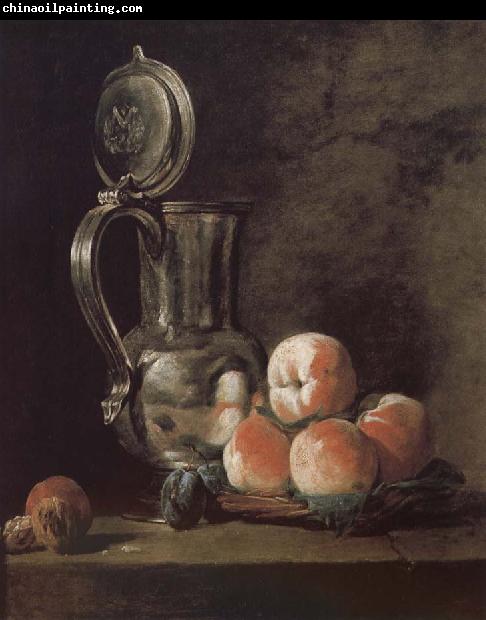 Jean Baptiste Simeon Chardin Metal pot with basket of peaches and plums