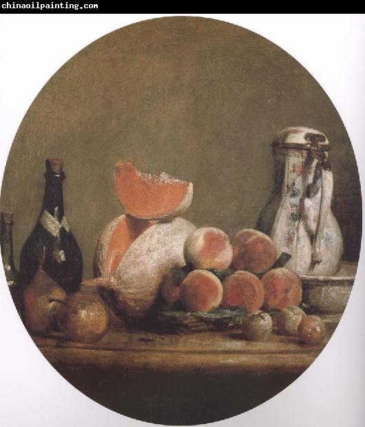 Jean Baptiste Simeon Chardin Cut melon and peach bottle still life etc