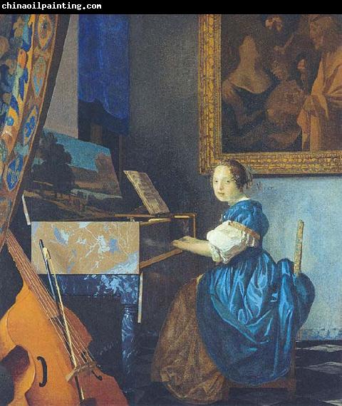 Johannes Vermeer A Young Woman Seated at the Virginal with a painting of Dirck van Baburen in the background