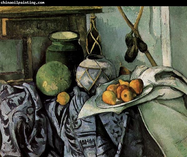 Paul Cezanne bottles and fruit still life