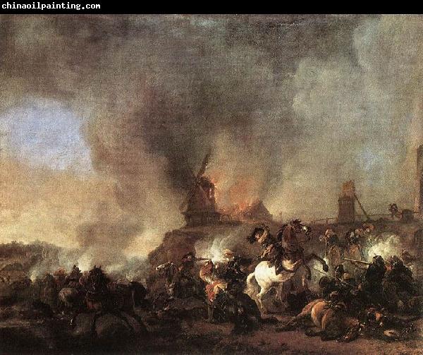 Philips Wouwerman Cavalry Battle in front of a Burning Mill by Philip Wouwerman