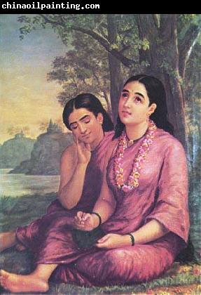 Raja Ravi Varma Shakuntala writes to Dushyanta.