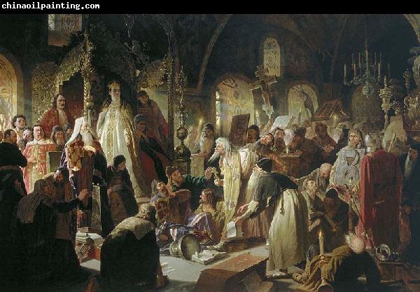 Vasily Perov Nikita Pustosviat. Dispute on the Confession of Faith