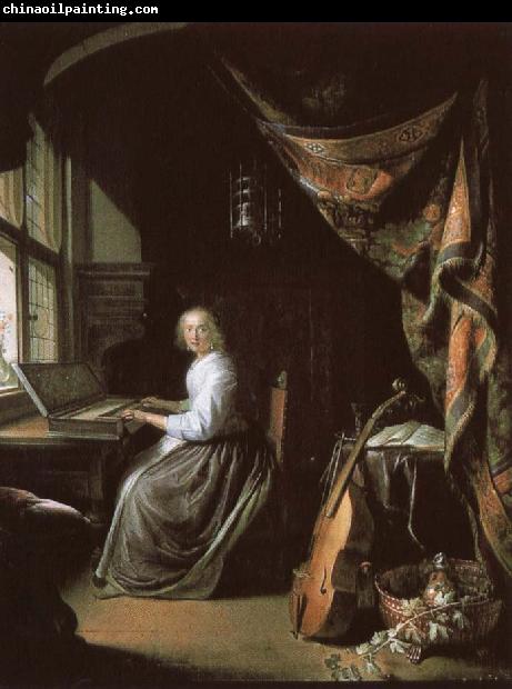 christian schubart a 17th century dutch painting by gerrit dou of woman at the clvichord.