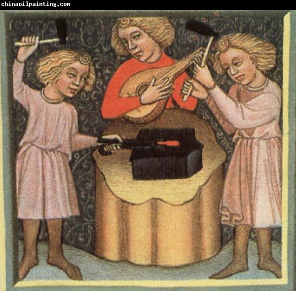 Giovanni Lanfranco Lighting display pipa player and two men playing anvil as percussion instruments.