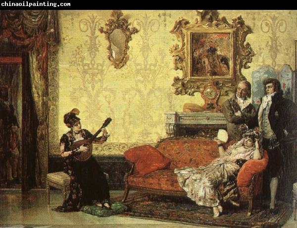 Jacob Maentel Women take part in the Spanish guitar her a small audience at home.