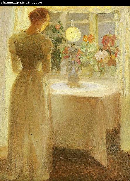 Anna Ancher ung pige foran en tandt lampe