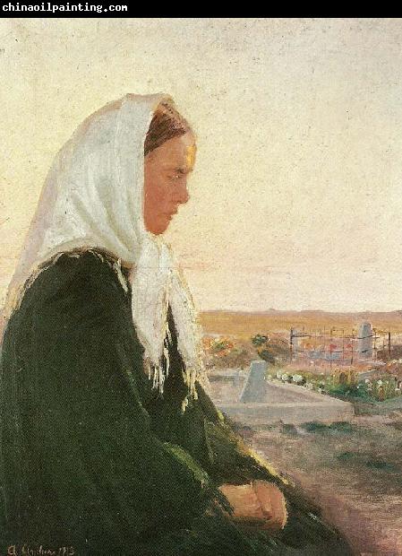 Anna Ancher ung kvinde pa kirkegarden i skagarden