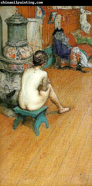 Carl Larsson leontine, naken rygg sittande-am ofen-i ateljen