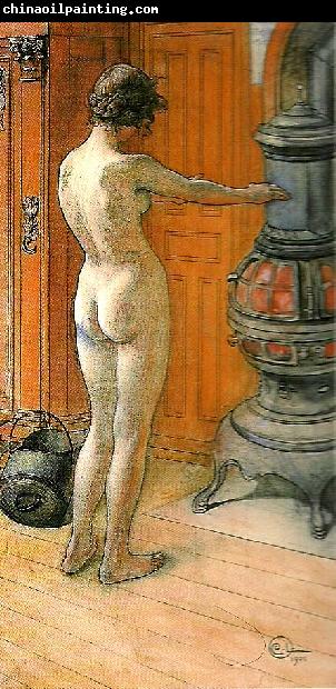 Carl Larsson leontine staende , naken rygg- naken flicka framfor kamin- framfor kaminen