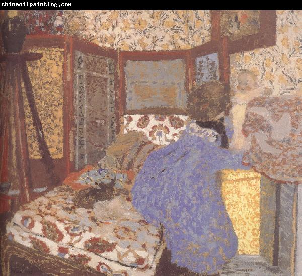 Edouard Vuillard Ms. wearing blue clothes and children