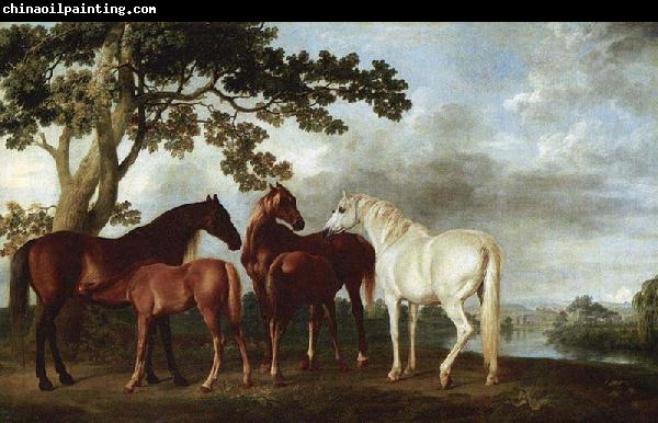 George Stubbs Stuten und Fohlen in einer Flublandschaft