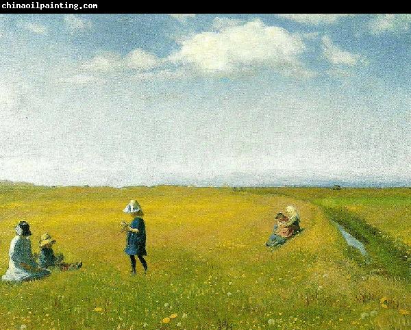 Michael Ancher born og unge piger plukker blomster pa en mark nord for skagen