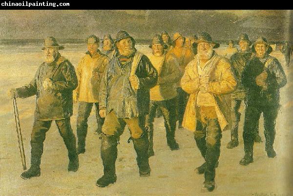 Michael Ancher fiskere vender hjem fra nordstranden i aftensol