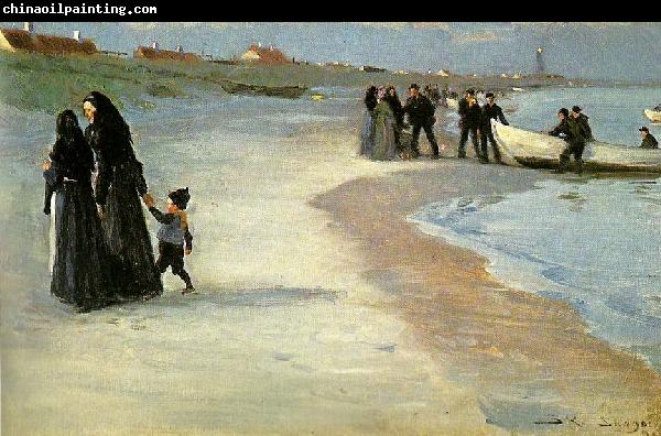 Peter Severin Kroyer en hvid bad i strandkanten, lys sommeraften