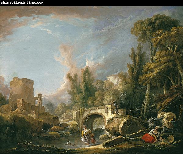 Francois Boucher River Landscape with Ruin and Bridge