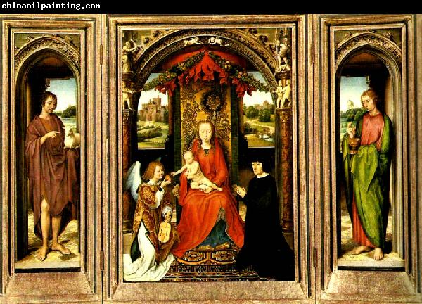 Hans Memling madonnan med barnet tronande med angel och donator