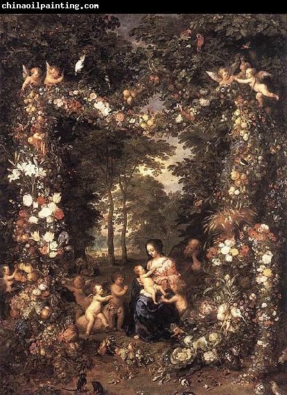 Jan Brueghel The Elder Heilige Familie in einem Blumen