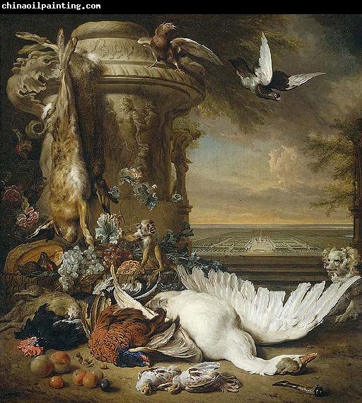 Jan Weenix A monkey and a dog beside dead game and fruit, with the estate of Rijxdorp near Wassenaar in the background