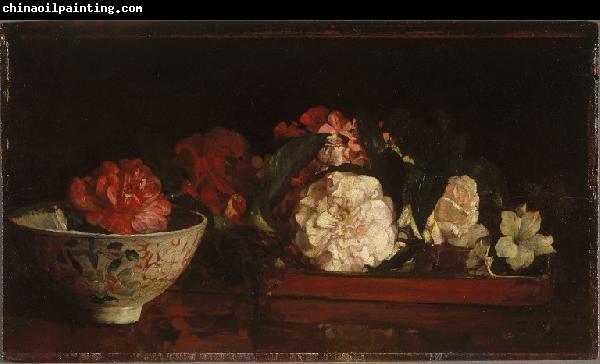 John La Farge Flowers on a Japanese Tray on a Mahogany Table