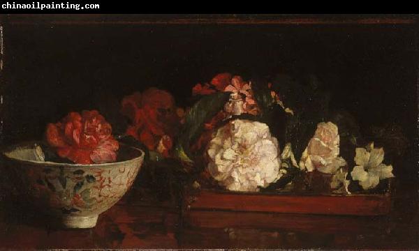 John La Farge Flowers on a Japanese Tray on a Mahogany Table