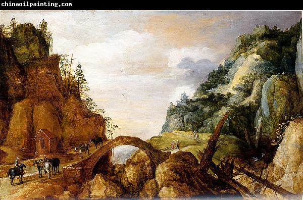 Joos de Momper mountainous landscape with horsemen and travellers crossing a bridge.