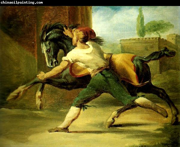 Theodore   Gericault palefrenier retenant un cheval