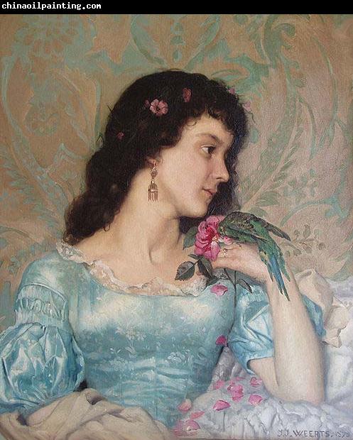 Weerts Jean Joseph Beautiful pensive portrait of a young woman with a bird and flower