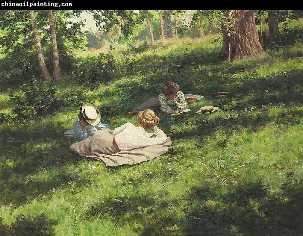 johan krouthen Three reading women in a summer landscape