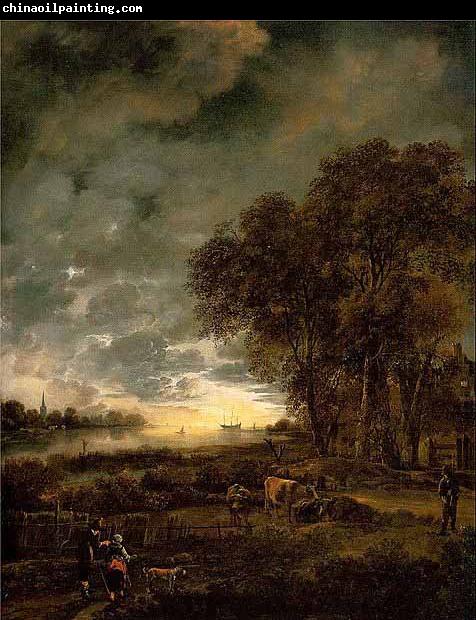 Aert van der Neer A Landscape with a River at Evening