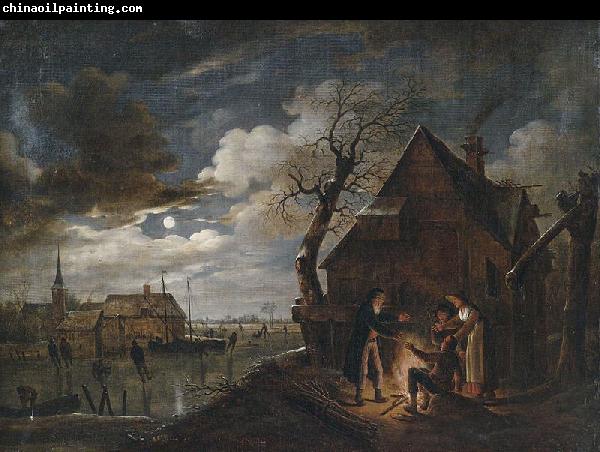 Aert van der Neer Hollandische Kanallandschaft bei Mondschein mit Schlittschuhlaufern und einem Lagerfeuer, an dem sich Bauern warmen