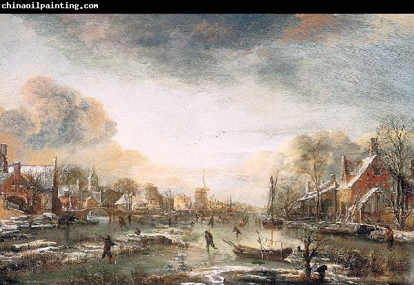 Aert van der Neer A Frozen River by a Town at Evening