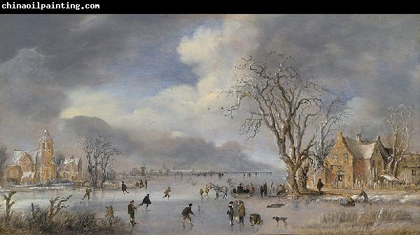 Aert van der Neer A winter landscape with skaters and kolf players on a frozen river