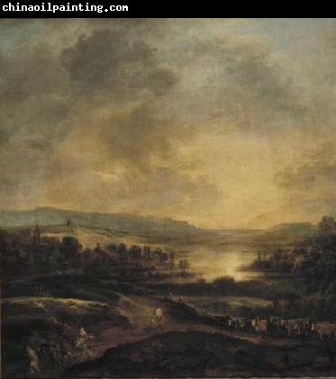 Aert van der Neer Hilly landscape at sunset