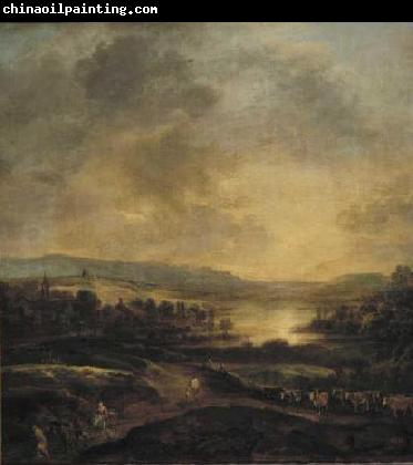 Aert van der Neer Hilly landscape at sunset.