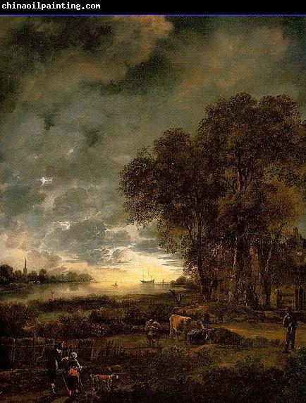 Aert van der Neer A Landscape with a River at Evening