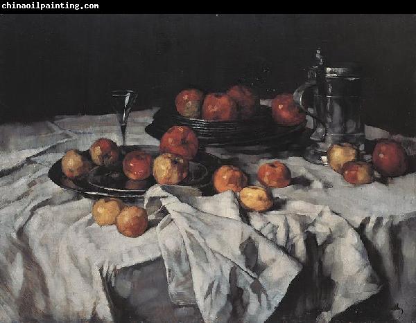 Carl Schuch Still Life with Apples, Wine-Glass and Pewter Jug