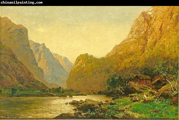 Carl jun. Oesterley Romantische Flusslandschaft mit Personenstaffage an einem prachtvollen Sommertag