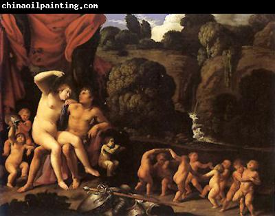 Carlo Saraceni Mars and Venus, with a Circle of Cupids and a Landscape